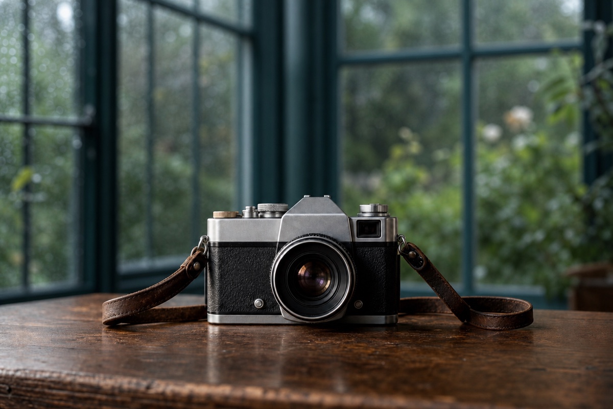 The same vintage camera and leather strap on the same desk in a rain-lit conservatory