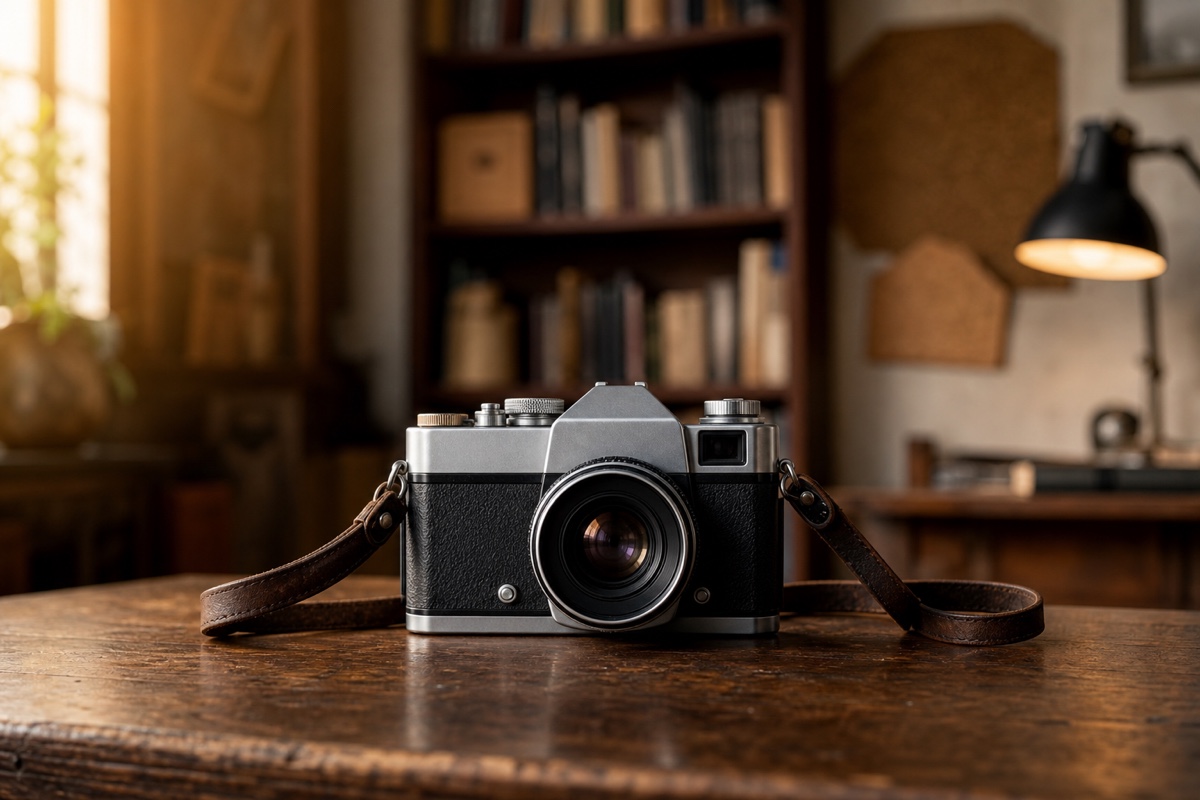 A vintage silver and black camera on a worn oak desk in a warm home study