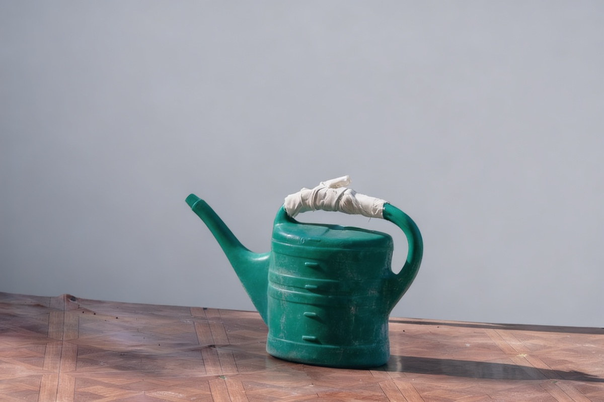 The same watering can on the same table against a plain grey studio wall