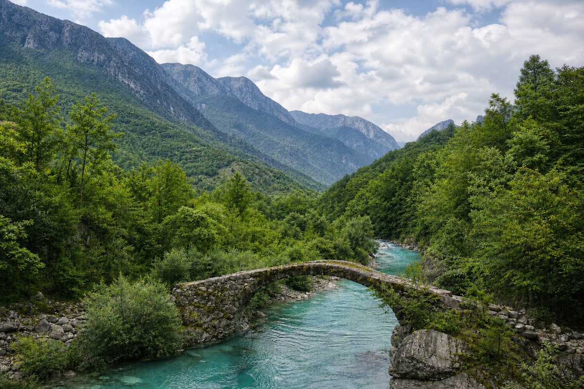 The same valley with natural colour, clearer mountain layers and crisp stone and foliage