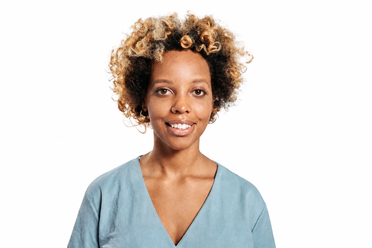 The same portrait on plain white, every curl and stray hair still there