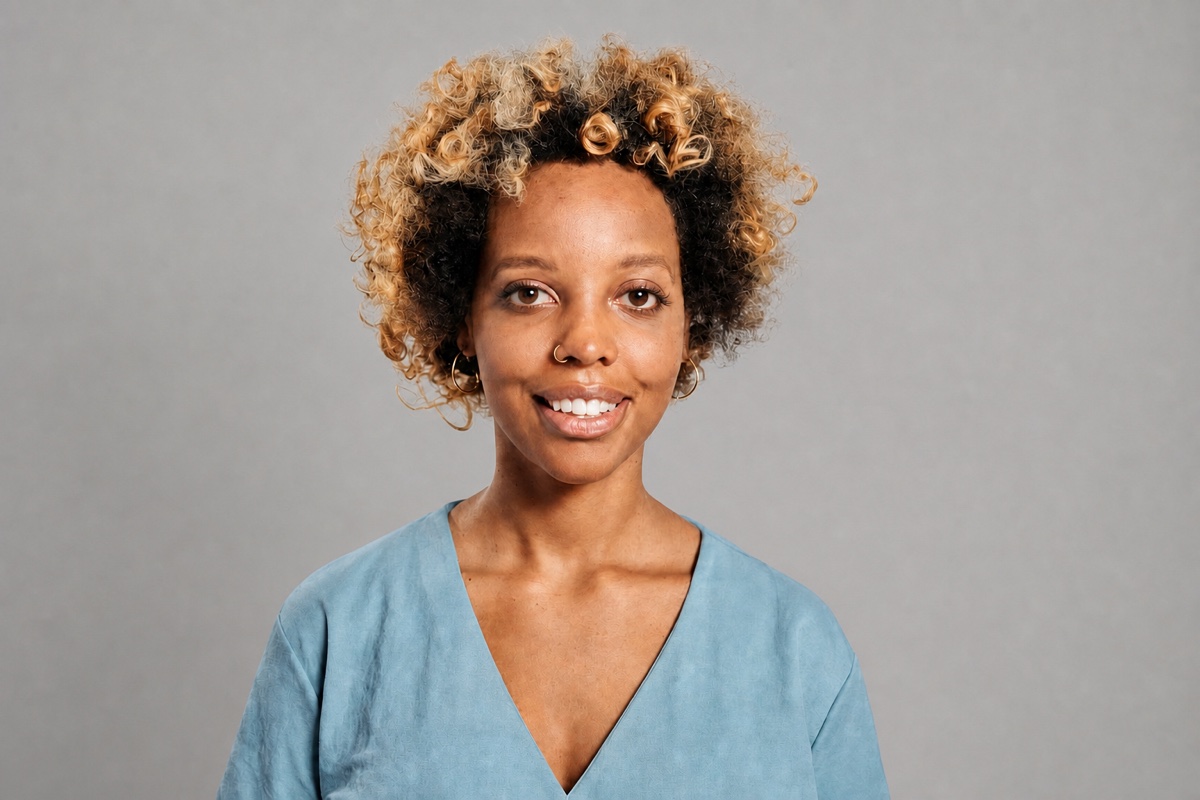 A portrait of a woman with short curly hair against a grey studio wall